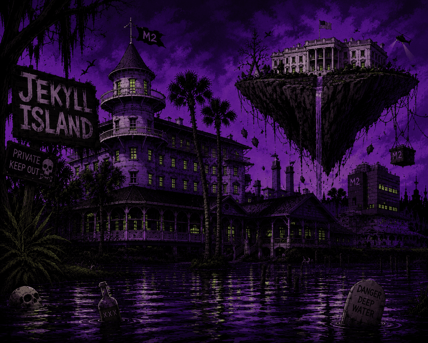 Jekyll Island as a moody purple comic scene at night — the historic Jekyll Island Club hotel and clock tower flying an M2 flag, a floating island carrying the White House, an M2 tower block, and PRIVATE KEEP OUT / DANGER DEEP WATER signs above dark flooded water with a skull and an XXX bottle.