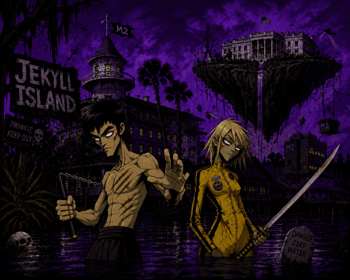 Jekyll Island as a moody purple comic scene at night — the historic Jekyll Island Club hotel and clock tower flying an M2 flag, a floating island carrying the White House, an M2 tower block, and PRIVATE KEEP OUT / DANGER DEEP WATER signs above dark flooded water. In the foreground, a Bruce Lee figure with nunchucks and a Kill Bill 'Bride' figure in a yellow tracksuit holding a katana wade through the water.