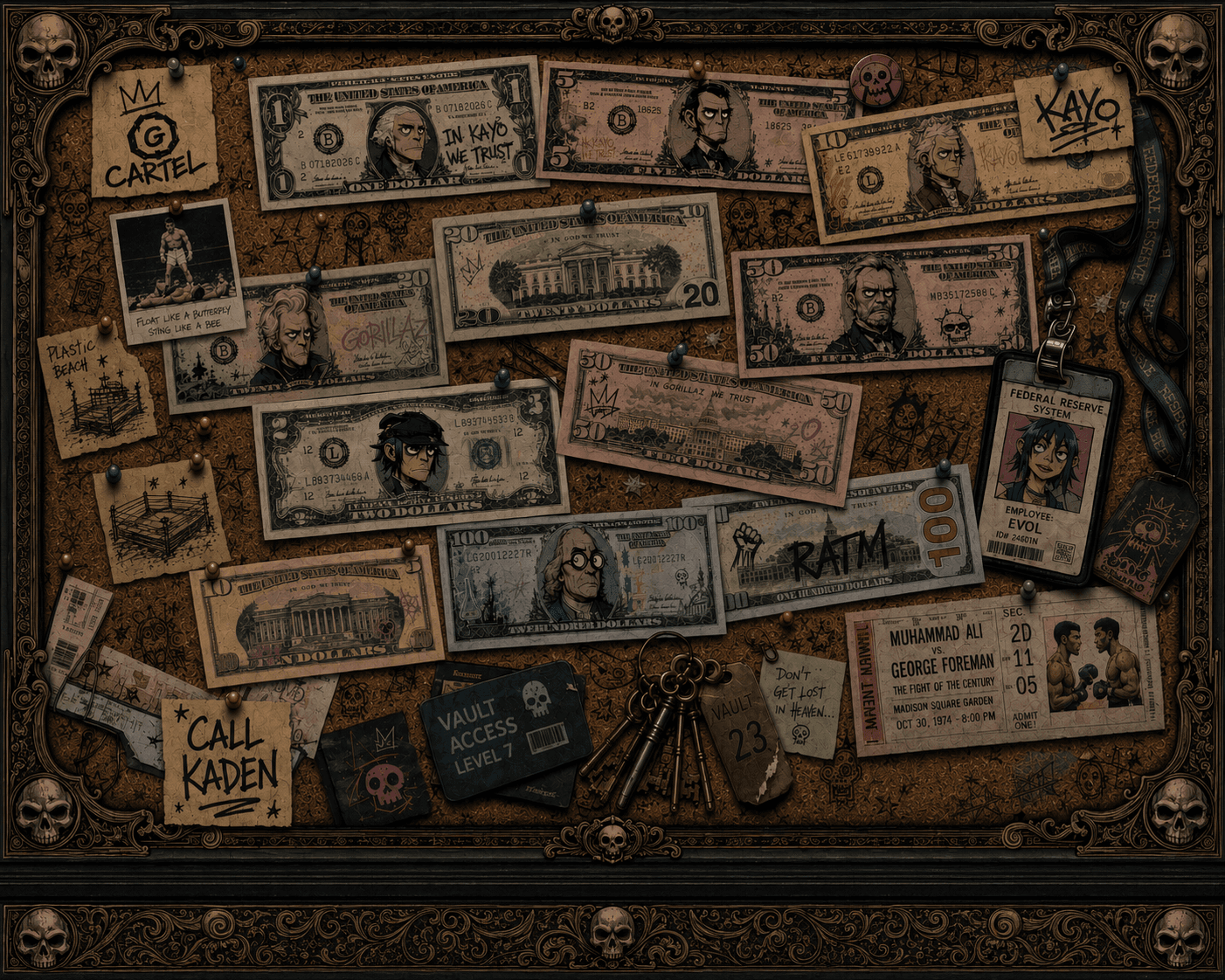 An ornate skull-framed cork board of caricatured US bills — $1 Washington, $5 Lincoln, $10 Hamilton, $20 Jackson, $50 Grant, a $2 with a Gorillaz character, and a central $100 Franklin marked 'RATM' — pinned among ephemera: a 'G CARTEL' crest, 'IN KAYO WE TRUST' and 'KAYO' tags, a 'Float like a butterfly, sting like a bee' Ali photo, a Muhammad Ali vs George Foreman fight ticket, a Federal Reserve 'EVOL EMPLOYEE' badge, a VAULT ACCESS LEVEL 7 card, VAULT 23 keys, and a 'CALL KADEN' note.