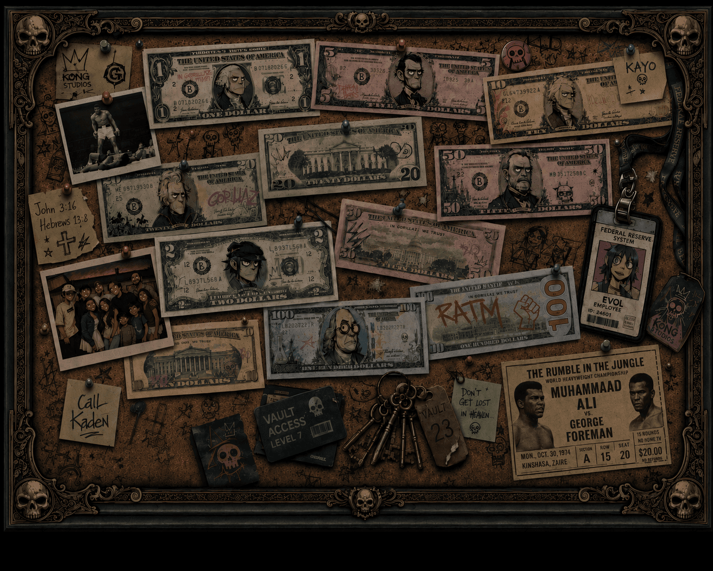 An ornate skull-framed cork board of caricatured US bills — $1 Washington, $5 Lincoln, $10 Hamilton, $20 Jackson, $50 Grant, a $2 with a Gorillaz character, and a central $100 Franklin marked 'RATM' — pinned among ephemera: a 'G CARTEL' crest, 'KAYO' tag, a Muhammad Ali boxing photo, a 'Rumble in the Jungle' Ali vs Foreman ticket (Kinshasa, 1974), a 'John 3:16 / Hebrews 13:8' note, a group photo, a Federal Reserve 'EVOL EMPLOYEE' badge, a VAULT ACCESS LEVEL 7 card, VAULT 23 keys, and a 'CALL KADEN' note.