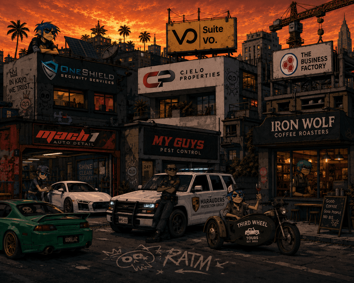 A neon sunset city block where the ventures are storefronts and billboards — OneShield Security Services, Mach1 Auto Detail, Cielo Properties, Suite VO, The Business Factory, My Guys Pest Control, Iron Wolf Coffee Roasters, a Marauders Protection Group patrol truck, a Third Wheel Tours motorcycle sidecar, and a construction crane — with a Gorillaz car and 'IN KAYO WE TRUST' / 'RATM' graffiti.