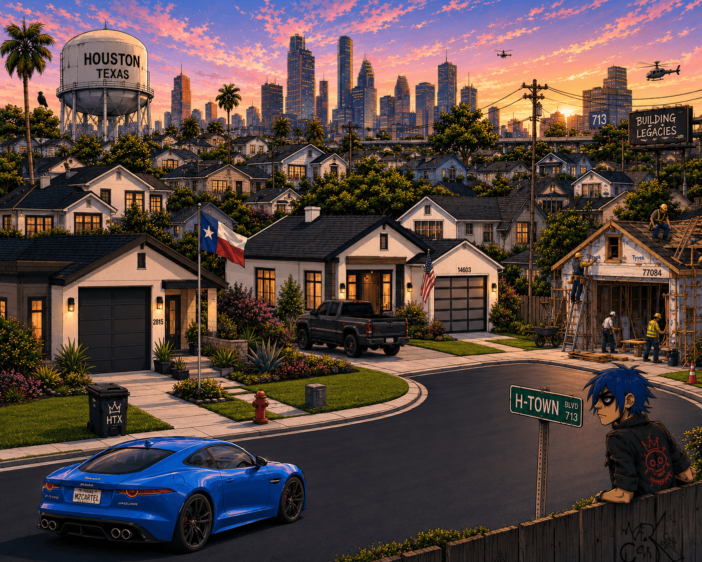 A Houston 'H-TOWN' neighborhood at sunset — a HOUSTON TEXAS water tower and downtown skyline behind rows of homes (the real estate portfolio), a Texas flag, a flagship house numbered 14603, a home under construction, a 'BUILDING LEGACIES' billboard, an 'H-TOWN BLVD 713' street sign, and a blue Jaguar with an M2CARTEL plate.