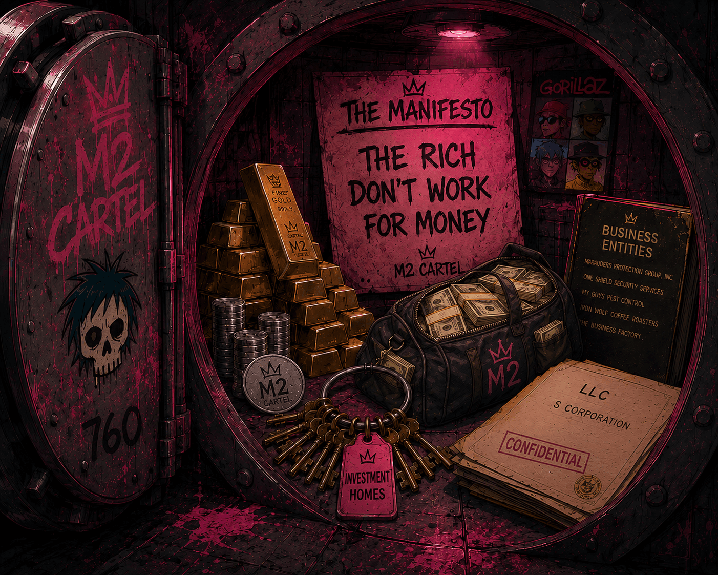 The inside of an open crimson bank vault with 'M2 CARTEL', a skull and '760' on the door — holding a stack of gold bars and silver coins, an M2 cash duffel bag, a ring of keys tagged 'INVESTMENT HOMES', LLC / S CORPORATION 'CONFIDENTIAL' papers, a Gorillaz poster, a 'BUSINESS ENTITIES' ledger listing the companies, and a manifesto poster reading 'THE RICH DON'T WORK FOR MONEY — M2 CARTEL'.